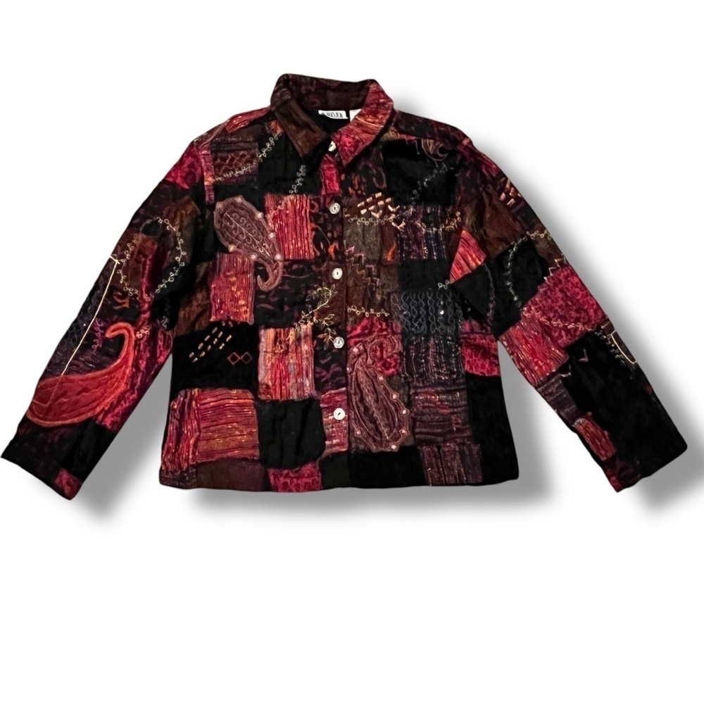 Chicos Jacket Large Mixed Patchwork Velvet Vintage Embroidered Art to Wear Boho